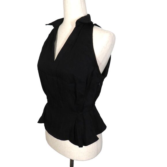 OGL Tops - OGL Black Linen Blend Collared V Neck Sleeveless Tie Waist Top Size Small